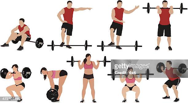 ilustraciones, imágenes clip art, dibujos animados e iconos de stock de múltiples imágenes de weightlifters - agacharse