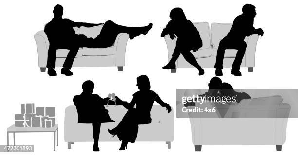 silhouette of couples on couch - table front view stock illustrations