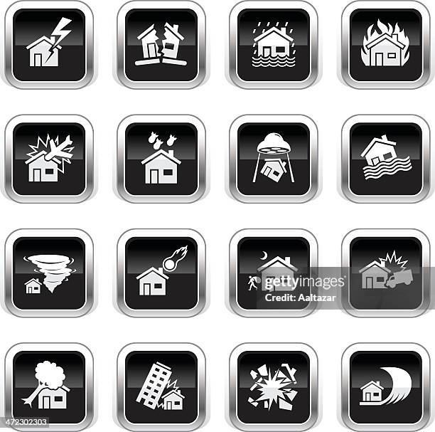supergloss schwarz icon-house-katastrophe - meteor shower stock-grafiken, -clipart, -cartoons und -symbole