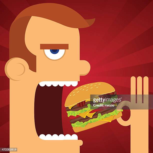 illustrazioni stock, clip art, cartoni animati e icone di tendenza di uomo mangia hamburger - funny burger vector