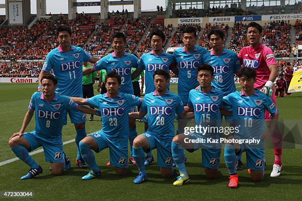 Sagan Tosu players line up for the team photos prior to the J.League match between Shimizu S-Pulse and Sagan Tosu at IAI Stadium Nihondaira on May 6,...