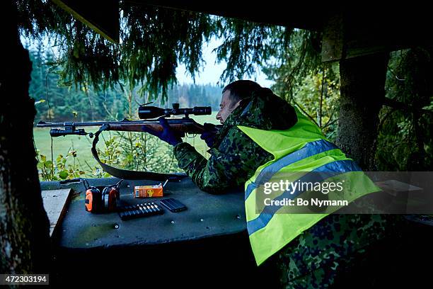 Hunter is patiently waiting for a moose on the first day of the hunting season on October 22 in Holmsjoe, Sweden.