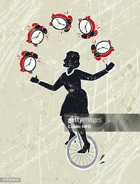 geschäftsfrau jonglieren wecker, während reiten ein einrad - jonglieren stock-grafiken, -clipart, -cartoons und -symbole