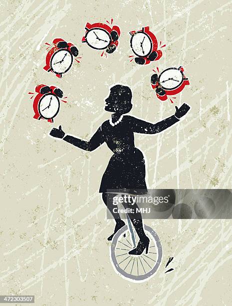 business woman juggling alarm clocks whilst riding a unicycle - biological clock stock illustrations