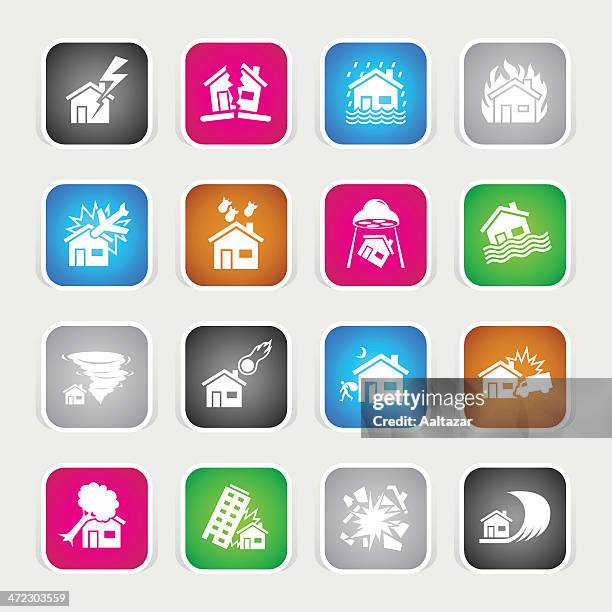 multicolor icons - house catastrophe - meteorite stock illustrations