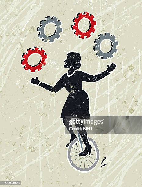 business woman juggling cog wheel gears whilst riding a unicycle - woman juggling stock illustrations