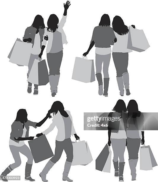 freundinnen mit einkaufstaschen - denim jacket stock-grafiken, -clipart, -cartoons und -symbole