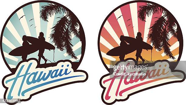 stockillustraties, clipart, cartoons en iconen met surf emblem hawaii - het grote eiland hawaï eilanden