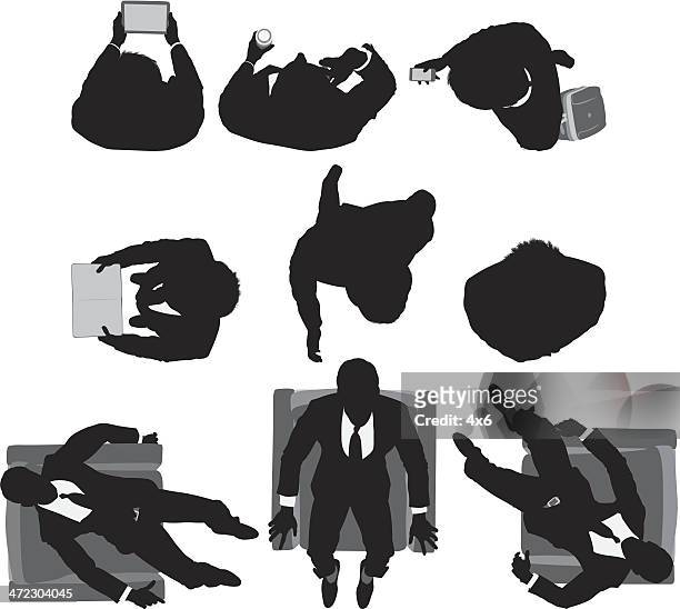 ilustraciones, imágenes clip art, dibujos animados e iconos de stock de múltiples tomas de un hombre de negocios en diferentes poses - elevated view