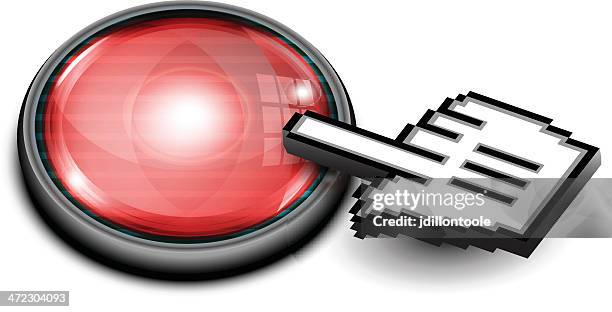 hand-cursor auf glas knopf/rot - emergency stop button stock-grafiken, -clipart, -cartoons und -symbole