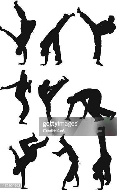 bildbanksillustrationer, clip art samt tecknat material och ikoner med man practicing capoeira - hög spark