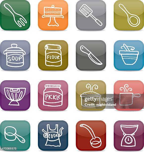 illustrations, cliparts, dessins animés et icônes de faire cuire au four et cuisine ensemble d'icônes app style - plat de présentation