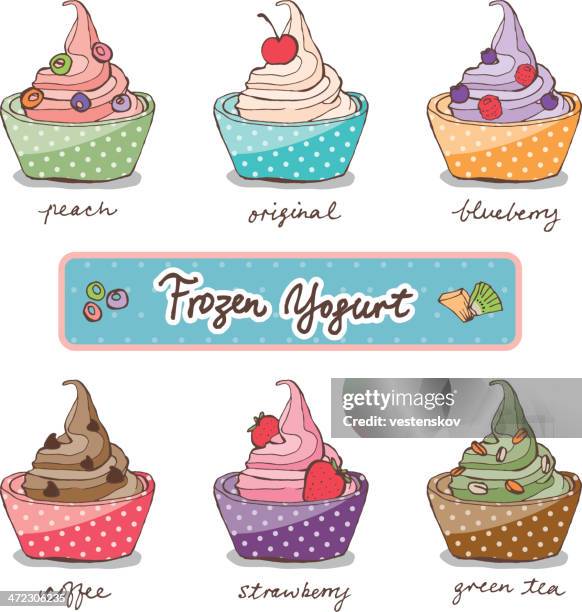 colorful sketch variation flavor frozen yogurt w toppings - frozen yogurt stock illustrations