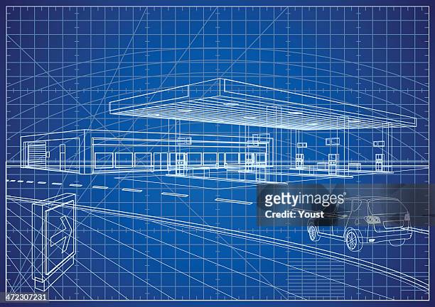 refueling station blueprint - perspective road stock illustrations