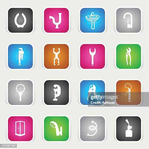 multicolor icons - plumbing tools & materials - kitchen sink stock illustrations