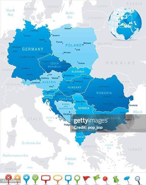 karte von europa-staaten, städte und symbole - eastern europe stock-grafiken, -clipart, -cartoons und -symbole