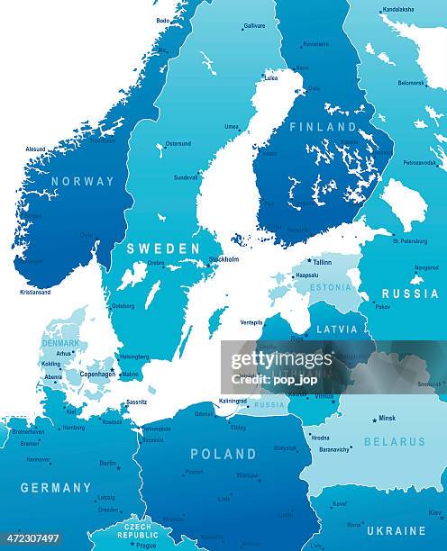 ilustraciones, imágenes clip art, dibujos animados e iconos de stock de mapa de la zona del mar báltico y las ciudades de estados - sverige