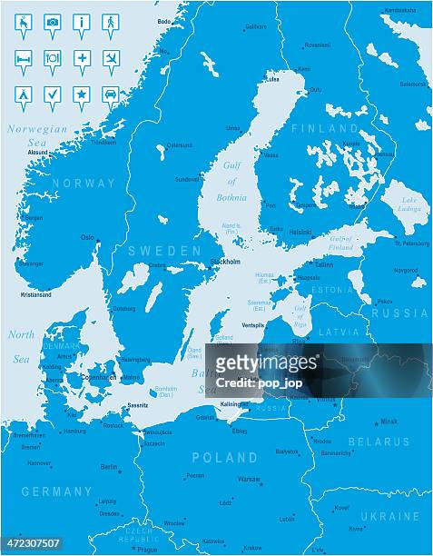 map of baltic sea area - states, cities, navigation icons - stockholm city stock illustrations