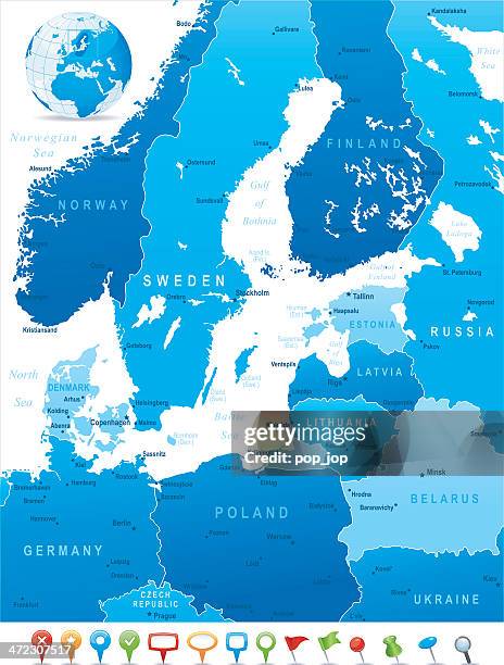 stockillustraties, clipart, cartoons en iconen met map of baltic sea area - states, cities and icons - helsinki