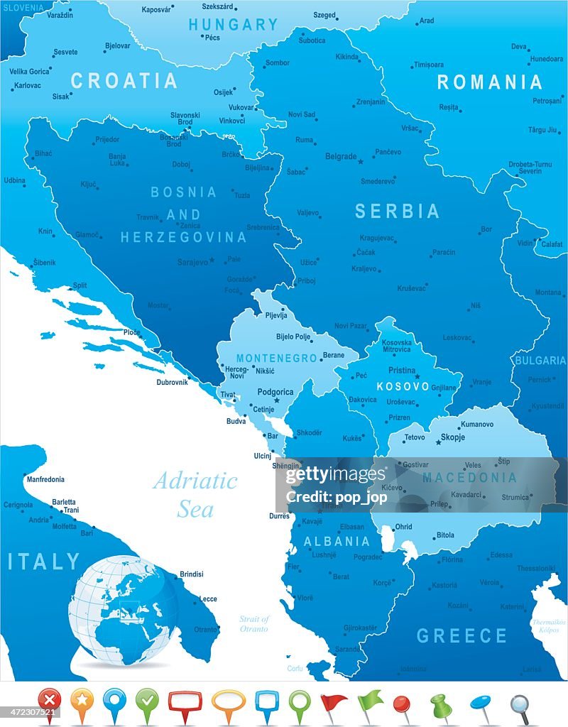 Map of Central Balkan Region - states, cities and icons