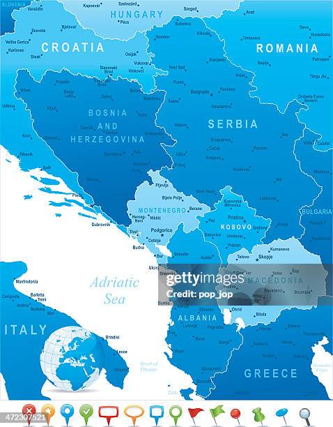 map of central balkan region - states, cities and icons - pristina stock illustrations