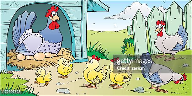 chickens - walking countryside stock illustrations