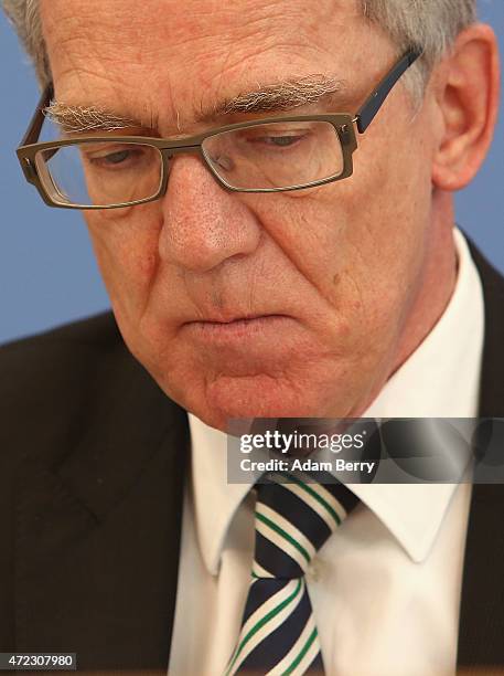 German Interior Minister Thomas de Maiziere attends a press conference on May 6, 2015 in Berlin, Germany. Surveillance performed on behalf of the...