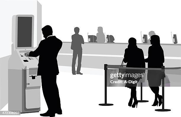 banking vector silhouette - standing in line at bank stock illustrations