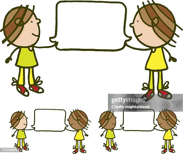 two children holding a blank speech bubble - two teens talking stock illustrations