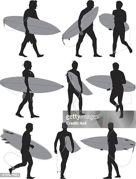 illustrazioni stock, clip art, cartoni animati e icone di tendenza di più silhouette di surfer e tavola da surf - muta da sub