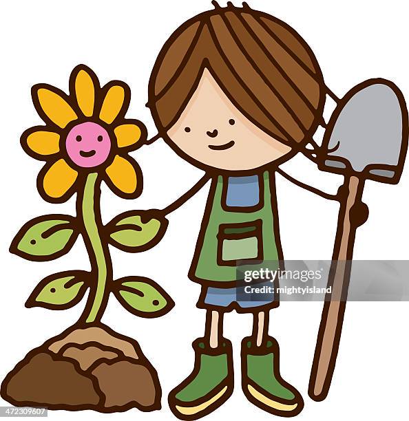 mann gartenarbeit mit schaufel und blume - gartenarchitekt stock-grafiken, -clipart, -cartoons und -symbole