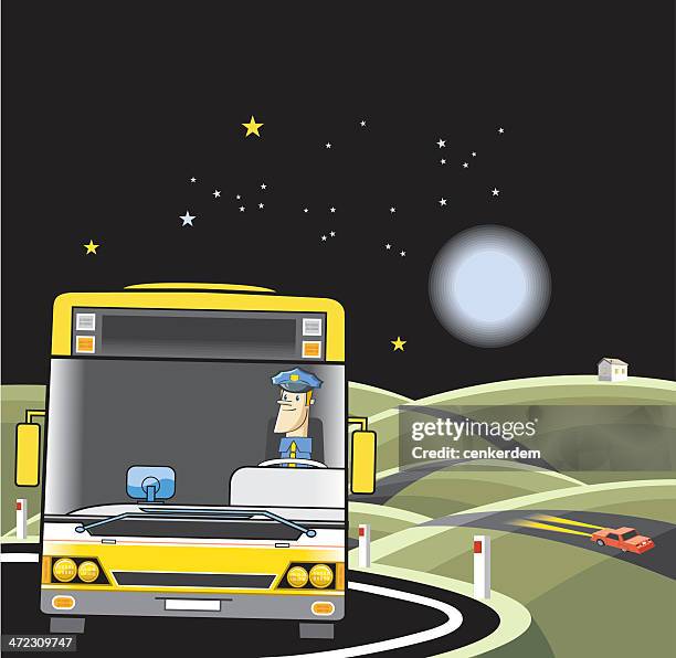 bus on the way - bus shelter night stock illustrations