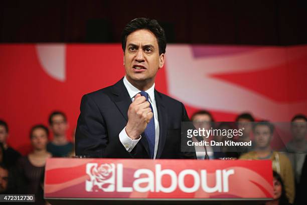 Labour leader Ed Miliband speaks during a campaign rally at the Muni Theatre on May 6, 2015 in Colne, England. Britain's political leaders are...