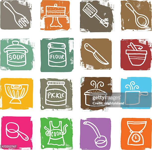 ilustrações, clipart, desenhos animados e ícones de comida e assar grunge quarteirão conjunto de ícones - bag flour icon