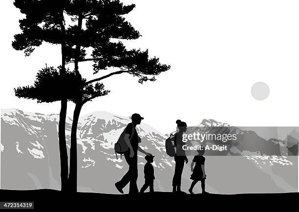 vacation mountains - family hiking stock illustrations