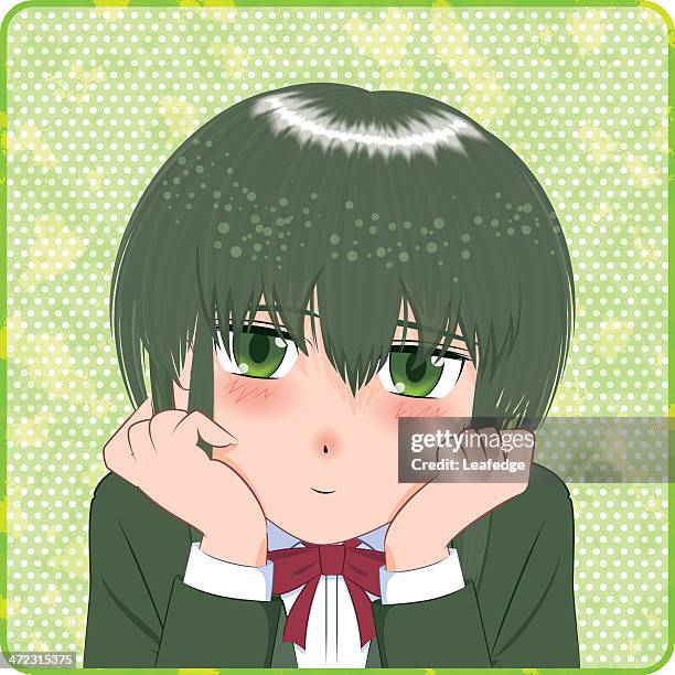 japanese manga style[smile girl] - green blazer stock illustrations