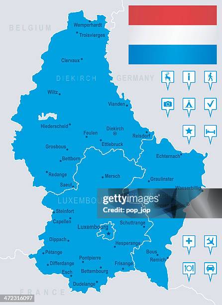 map of luxembourg - states, cities, flag, navigation icons - luxembourg stock illustrations