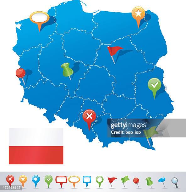 map of poland with navigation icons - gap closers stock illustrations