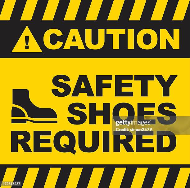 black and yellow warning sign saying safety shoes required - work boot stock illustrations