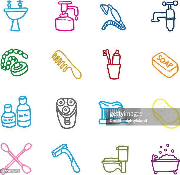 bathroom doodle icon set - sink plug stock illustrations