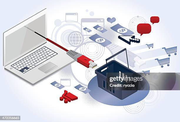 isometric laptop connected to commerce - abstract network connection stock illustrations