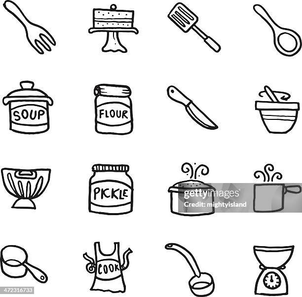 ilustrações, clipart, desenhos animados e ícones de comida assar e equipamentos doodle ícone conjunto de - bag flour icon