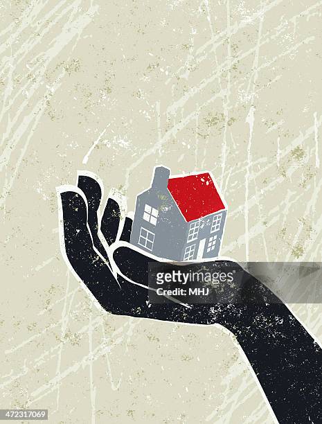giant hand with a tiny house on the palm - small stock illustrations