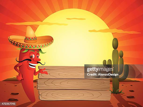 stockillustraties, clipart, cartoons en iconen met red chili pepper in the mexican desert - tortilla