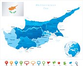 Map of Cyprus - states, cities, flag and icons