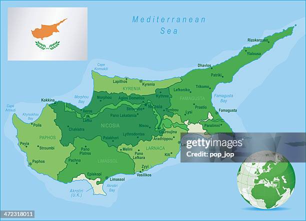 green map of cyprus - states, cities and flag - larnaca stock illustrations