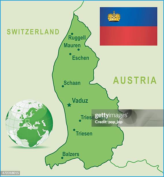 grüne karte der liechtenstein-städte und flagge - fürstentum liechtenstein stock-grafiken, -clipart, -cartoons und -symbole