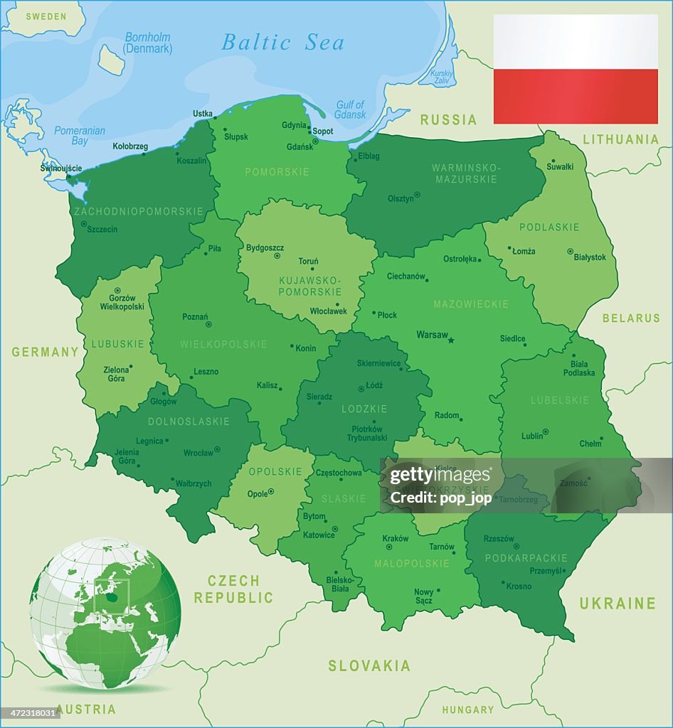 Vert carte de Pologne-membres, villes et drapeau