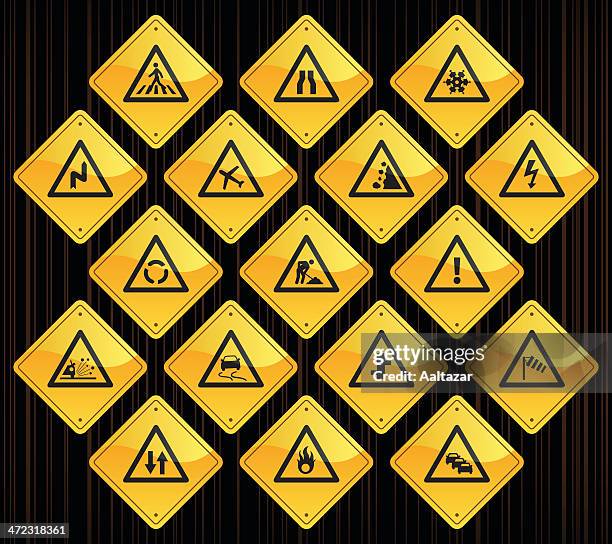 yellow warning road signs - speed bump stock illustrations