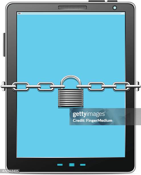 digital tablet with chain - computer lock white background stock illustrations